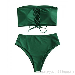ZAFUL Womens High Waisted Cheeky Bikini Bottoms 2 Pieces Lace-up Bandeau Top Swimsuit Set Green B07PGPJWVL